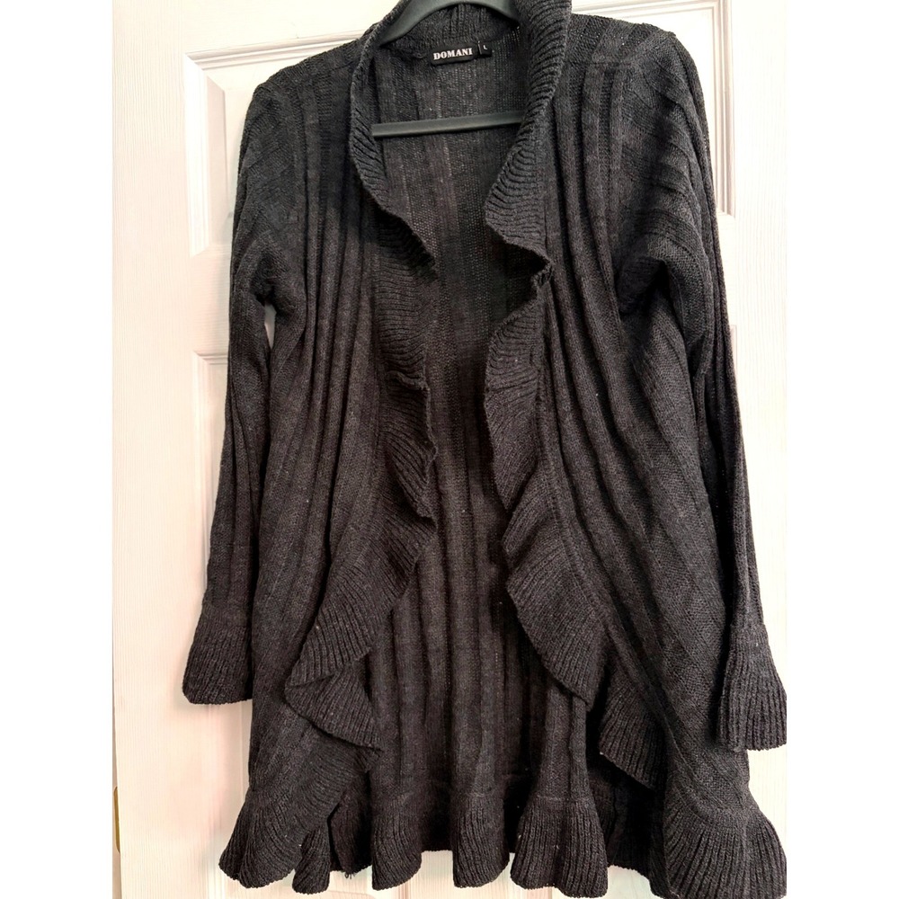 Domani Ruffle Open Front Cardigan XL Gray, Ribbed, Knit, Layering, Casual, Soft